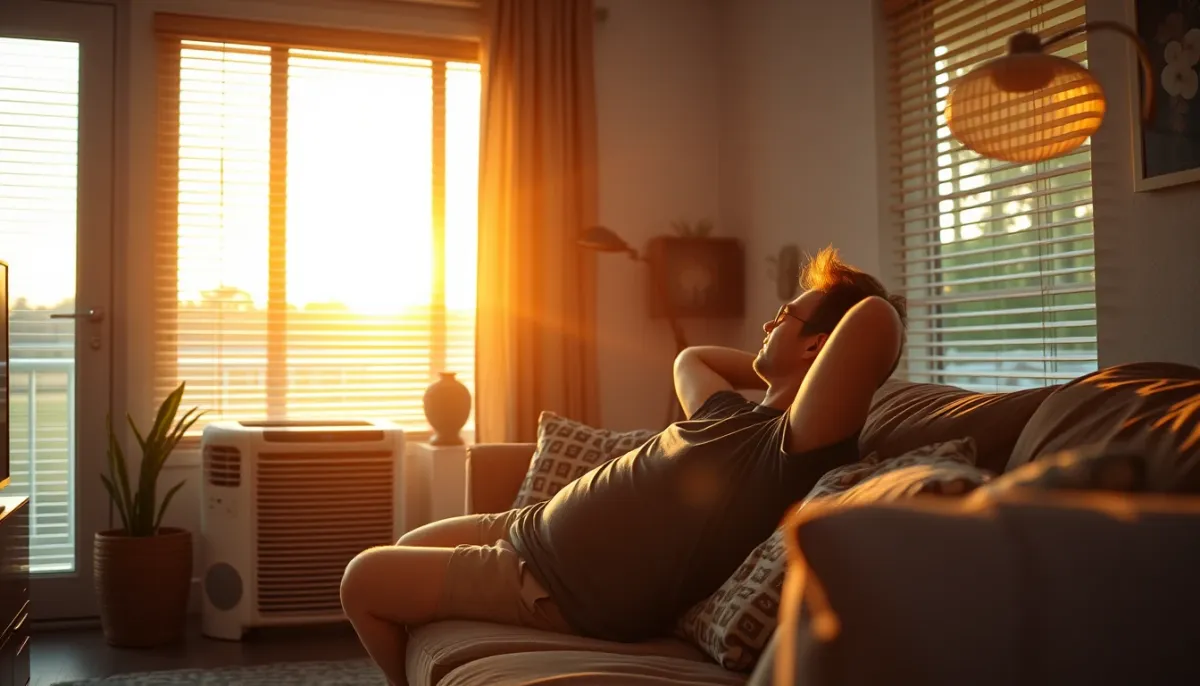 Personne se détendant dans un salon frais grâce au climatiseur Midea Portasplit en été