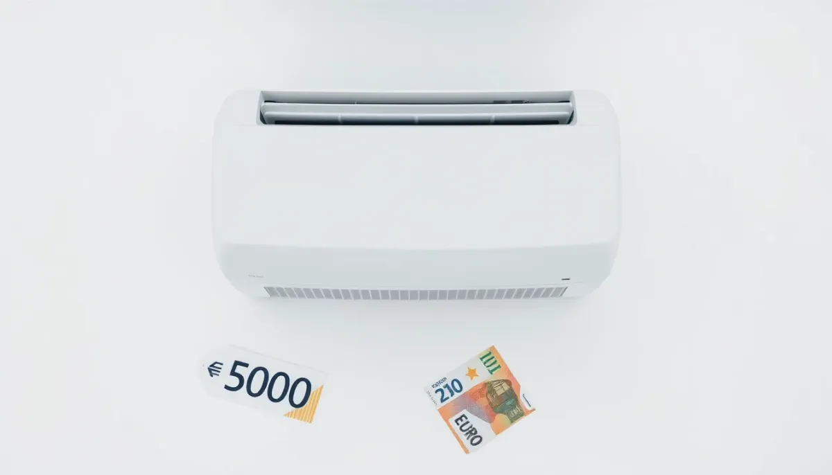 Climatiseur Midea Portasplit avec des billets en euros, illustrant son prix de 999 €