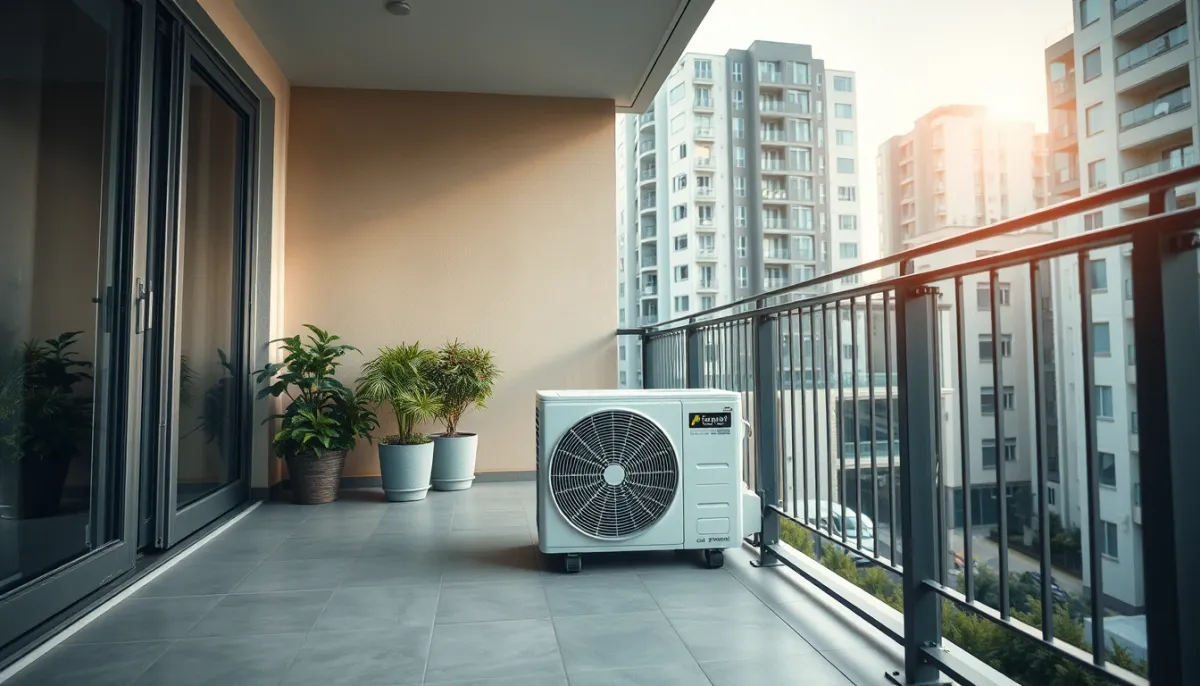 Unité extérieure du climatiseur Midea Portasplit posée sur un balcon d'appartement, sans perçage