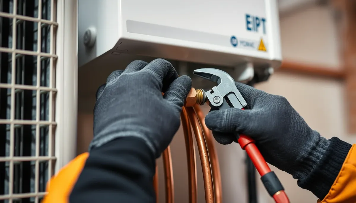 Gros plan sur les mains d'un technicien raccordant les liaisons frigorifiques d'une climatisation
