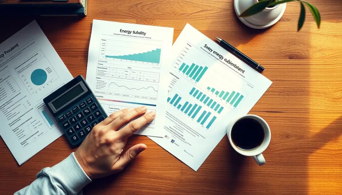 Vue de dessus d'un bureau avec des documents sur les aides et une calculatrice pour estimer le reste à charge