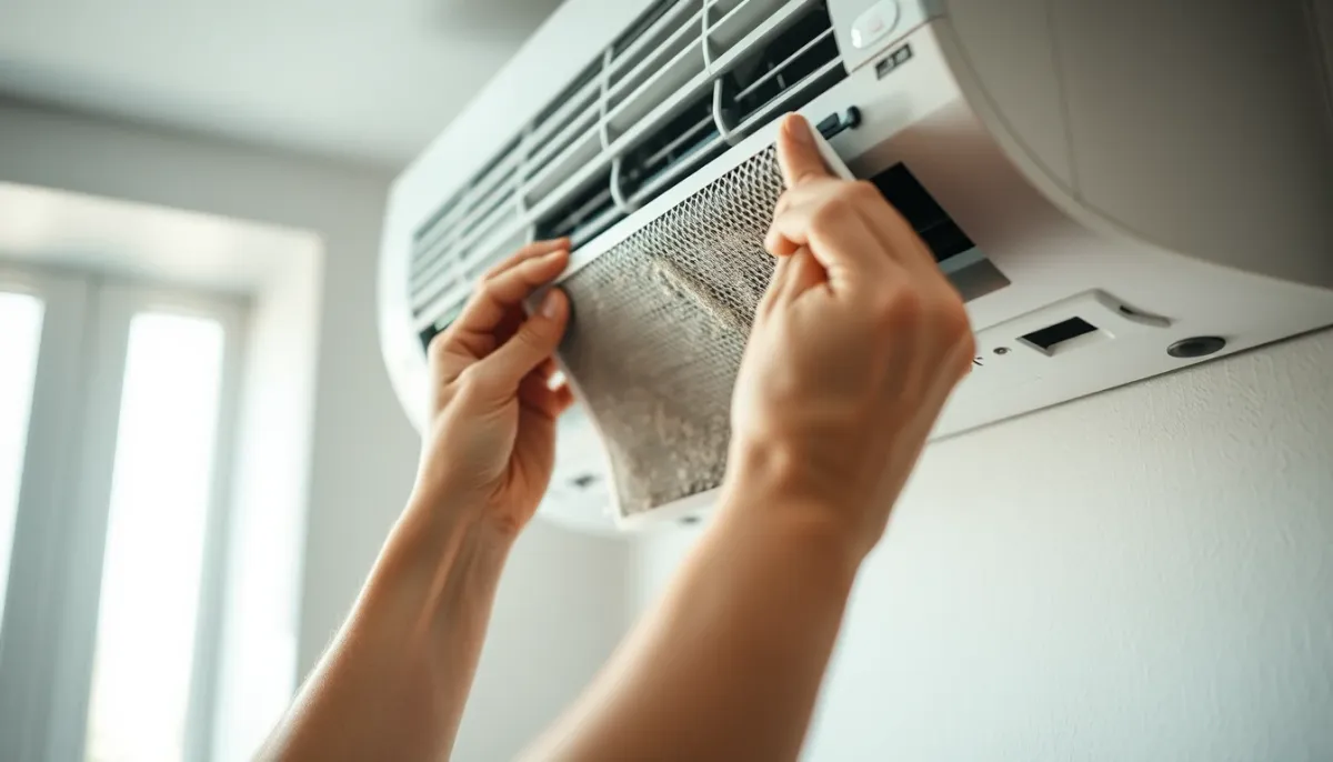 Mains retirant un filtre poussiéreux d'une climatisation murale pour le nettoyage