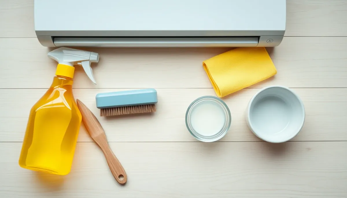 Vue de dessus des outils d'entretien d'une climatisation : spray désinfectant, brosse, chiffon et vinaigre blanc