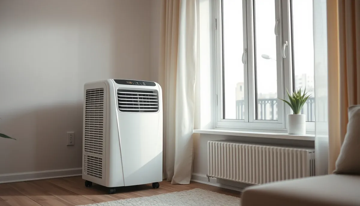 Climatiseur mobile Delonghi Pinguino installé près d'une fenêtre avec kit de calfeutrage