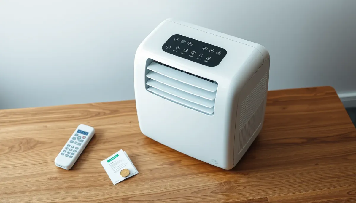Climatiseur Delonghi Pinguino avec indication de prix et pièces en euros