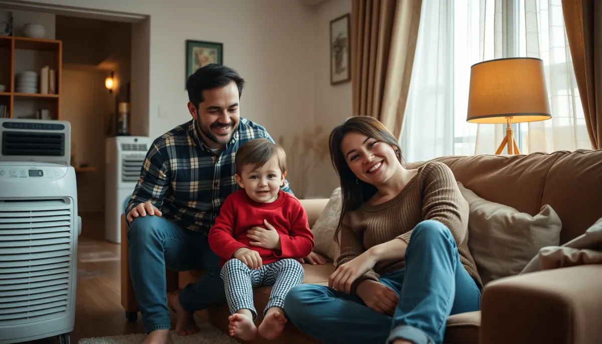 Famille profitant d'un intérieur frais avec un climatiseur mobile Delonghi Pinguino
