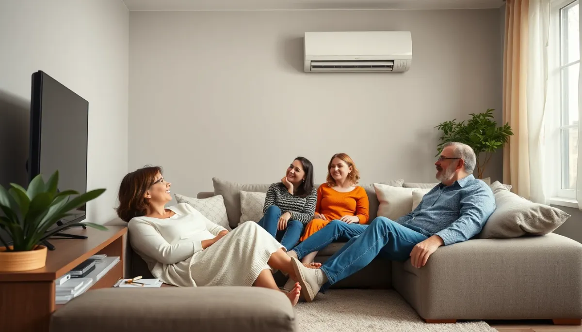 Famille profitant d'un intérieur rafraîchi par une climatisation réversible