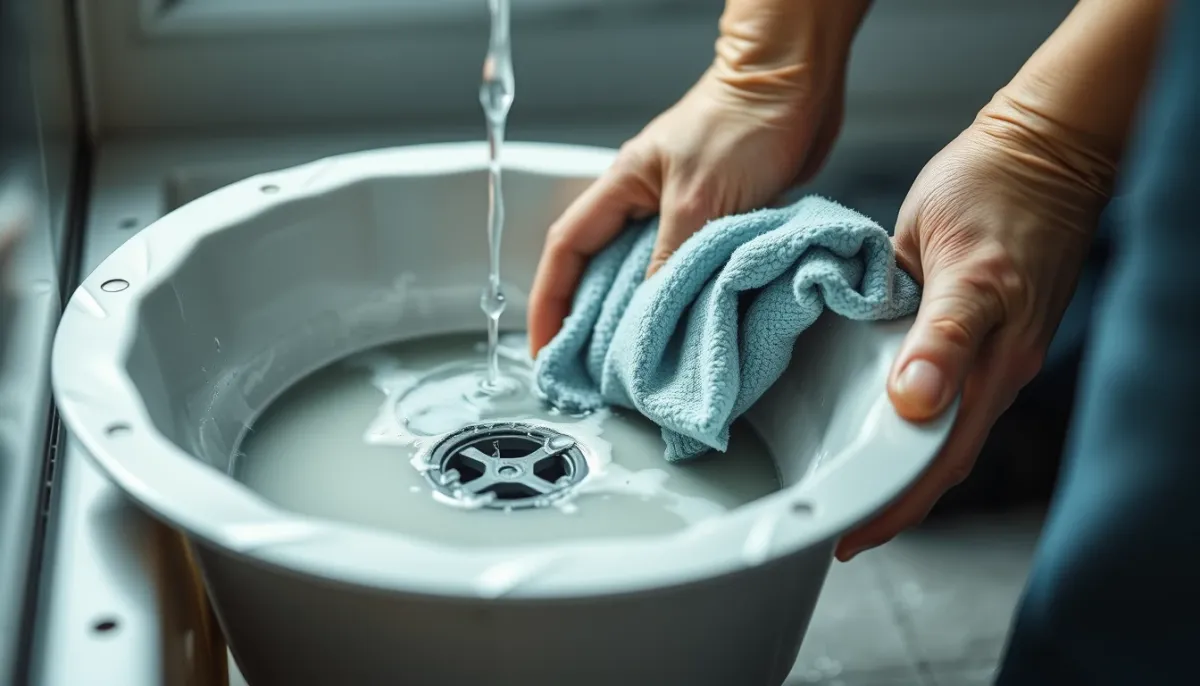 Nettoyage manuel du bac à condensats d'une climatisation avec un chiffon et de l'eau savonneuse