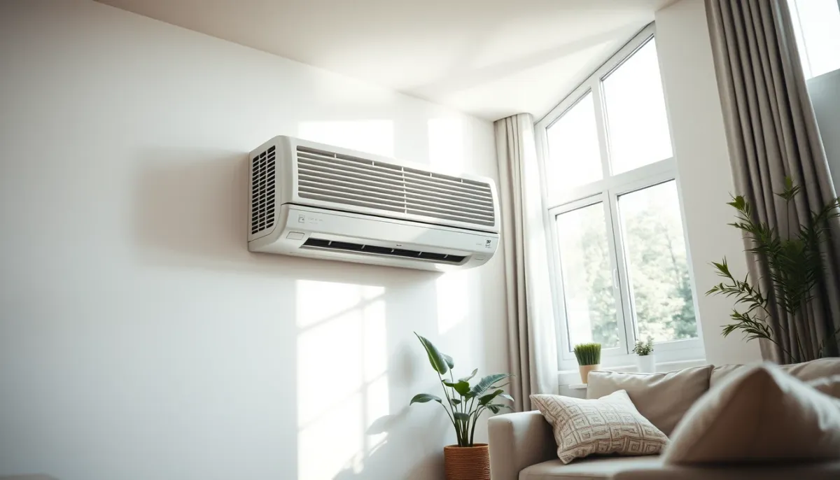 Unité intérieure murale de climatisation dans un salon lumineux et moderne