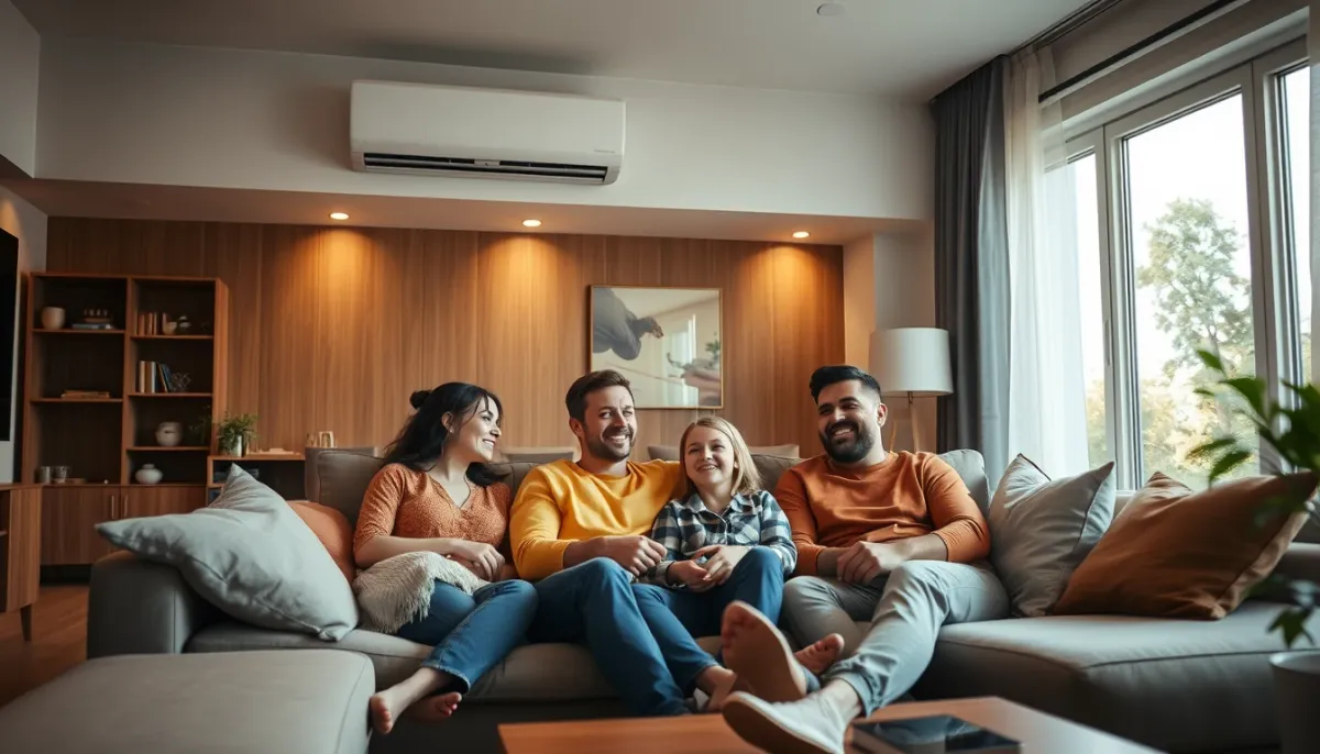 Famille se détendant dans un salon climatisé par un système multisplit