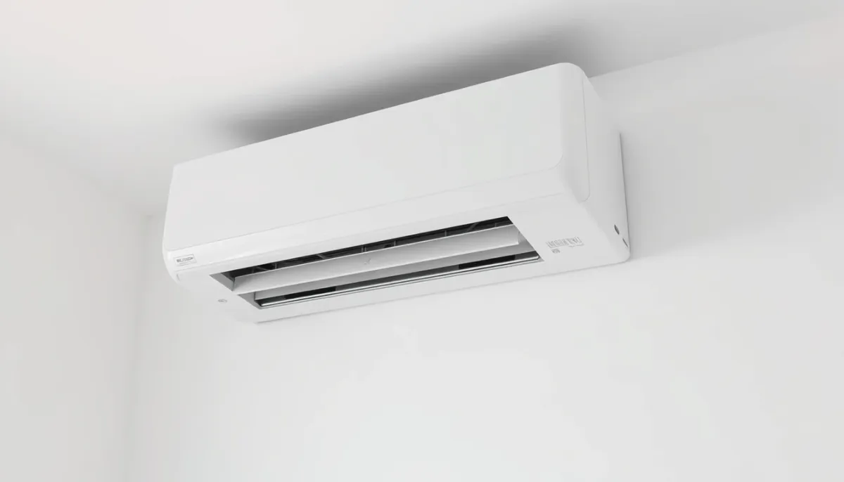 Unité intérieure de climatisation réversible fixée en hauteur sur un mur blanc