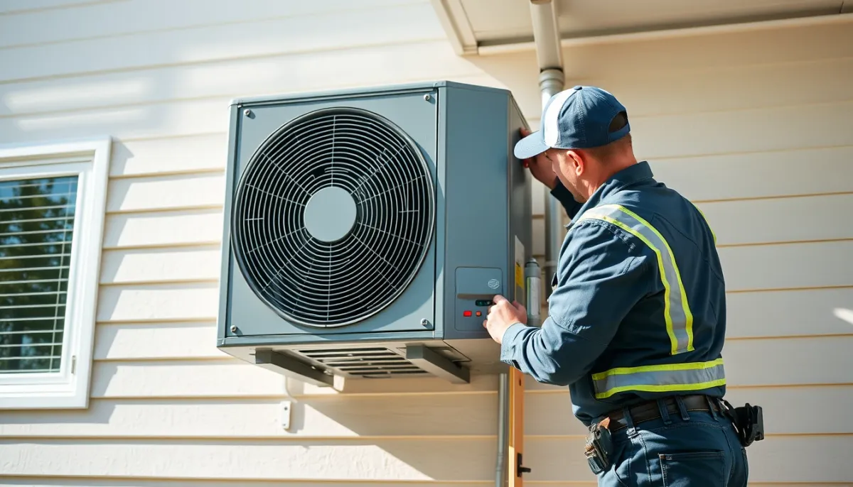 Technicien RGE installant une unité extérieure de climatisation réversible sur une façade