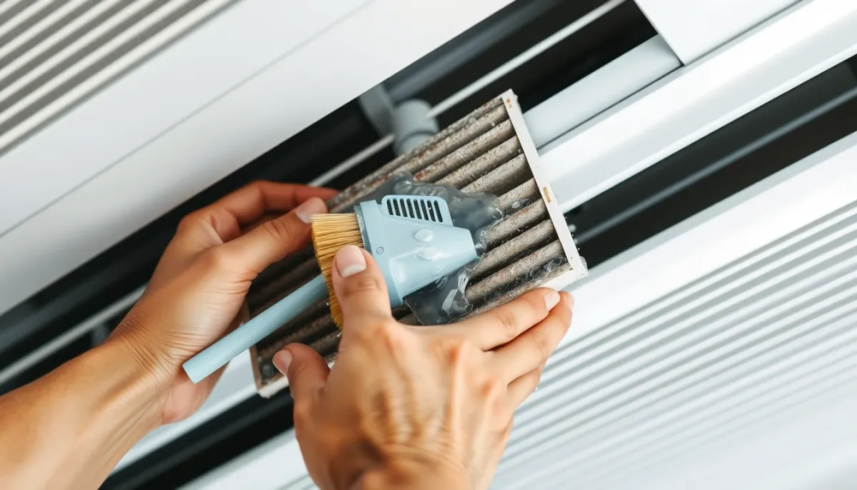 Nettoyage manuel d'un filtre de climatiseur encrassé à l'aide d'une brosse et d'eau savonneuse