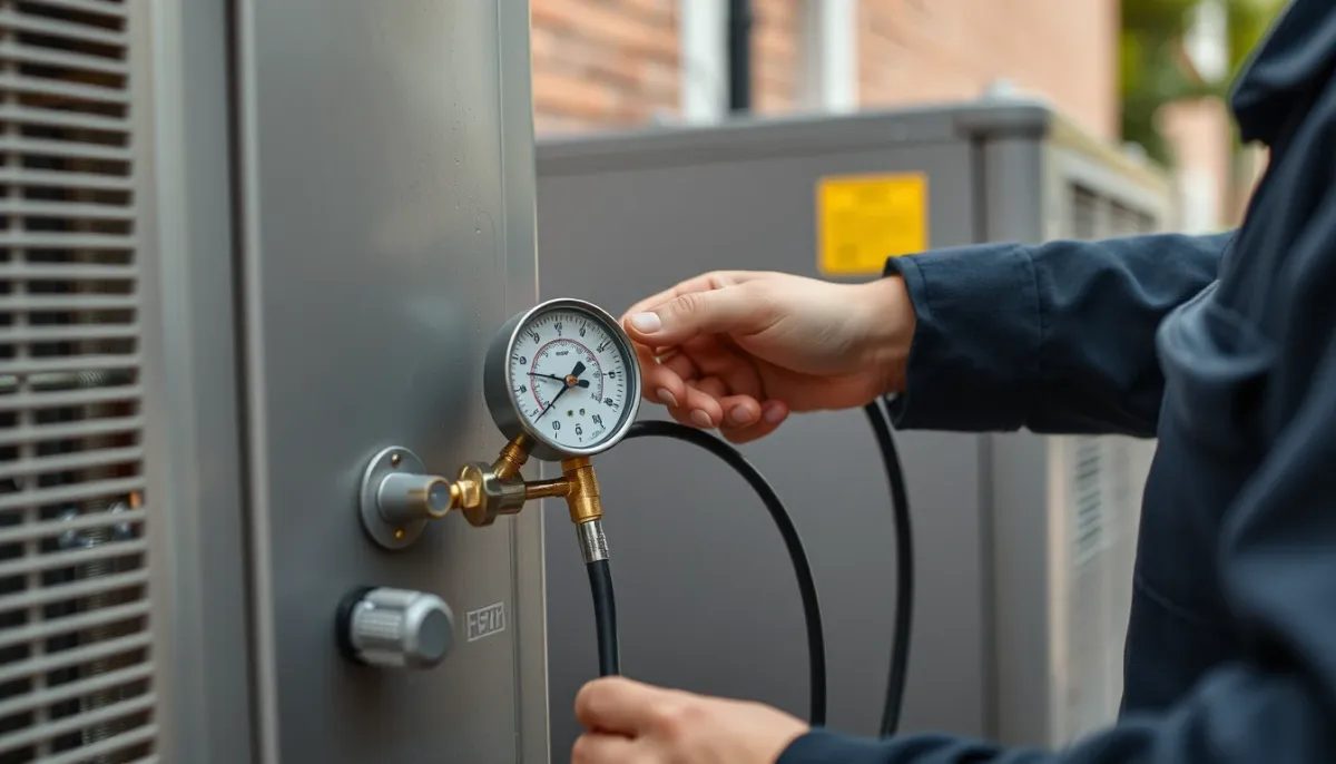 Technicien frigoriste vérifiant la pression du fluide frigorigène sur une unité extérieure de climatisation