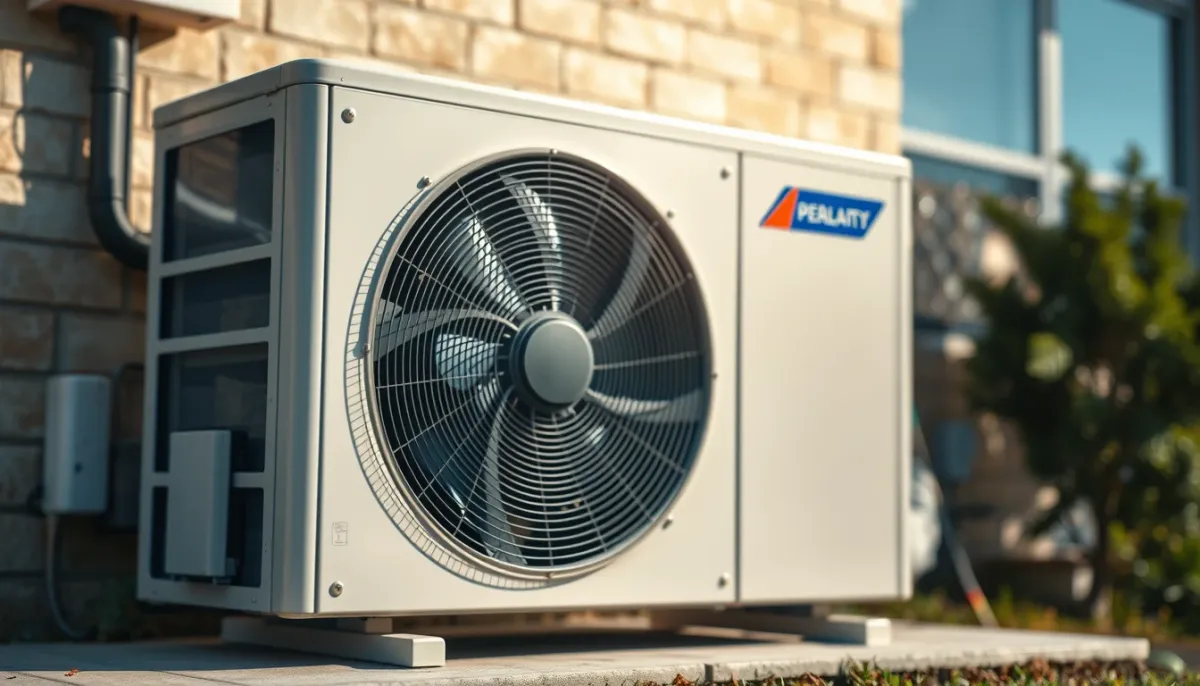 Unité extérieure d'une pompe à chaleur air/air : ventilateur et évaporateur captant les calories de l'air