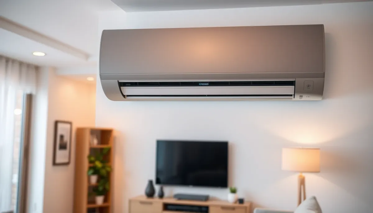 Unité intérieure murale d'une PAC air/air diffusant la chaleur dans une pièce