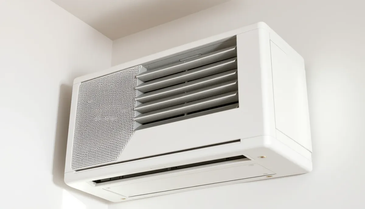 Gros plan sur l'unité intérieure d'une climatisation réversible avec micro-perforations