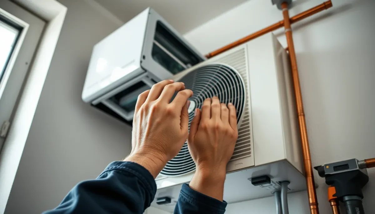 Technicien installant une unité intérieure de pompe à chaleur air/eau