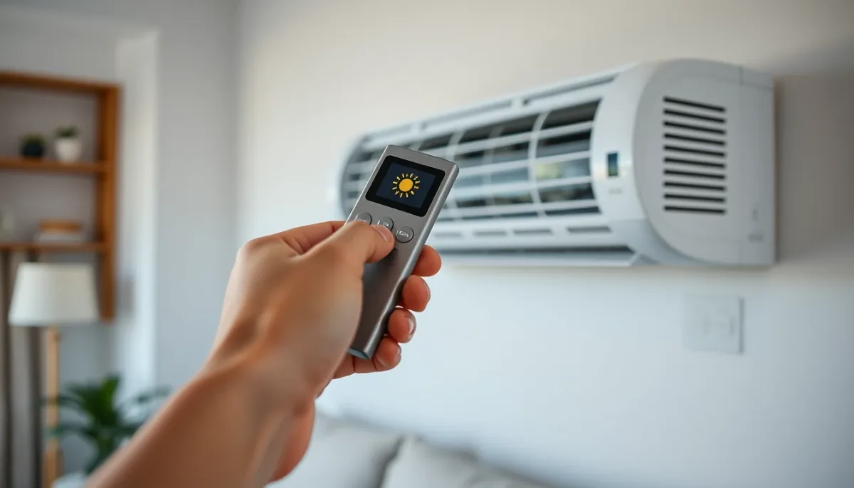 Main tenant une télécommande de climatisation réglée en mode chauffage face à une unité murale