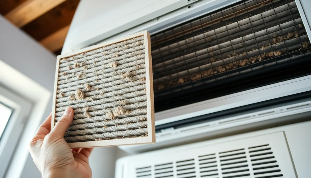 Filtres à air encrassés retirés d'une unité intérieure de pompe à chaleur