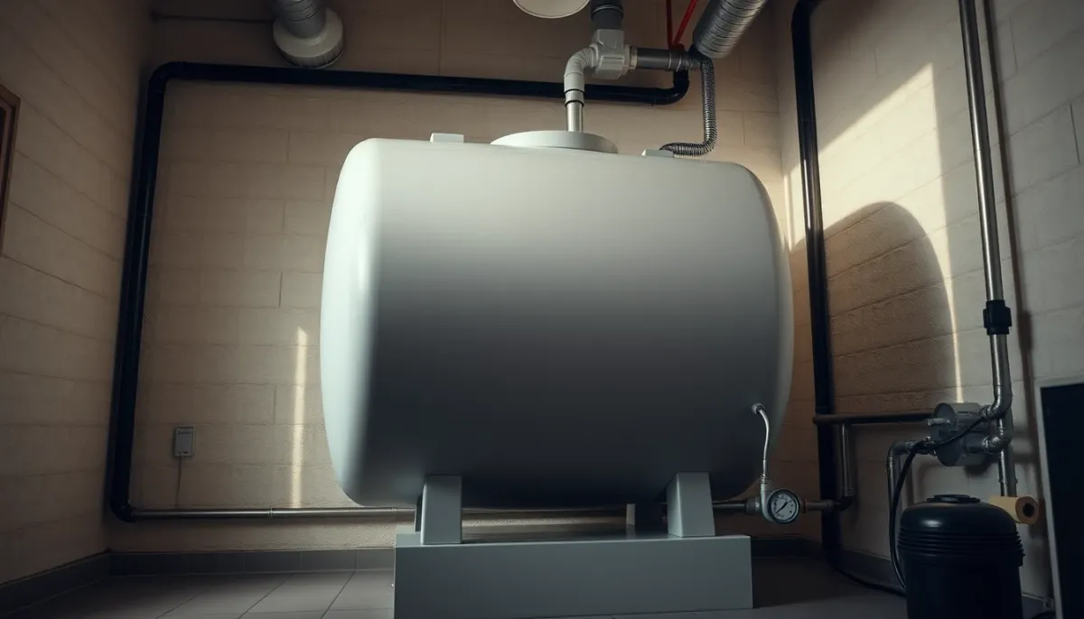 Ballon tampon installé dans un local technique, connecté au circuit hydraulique