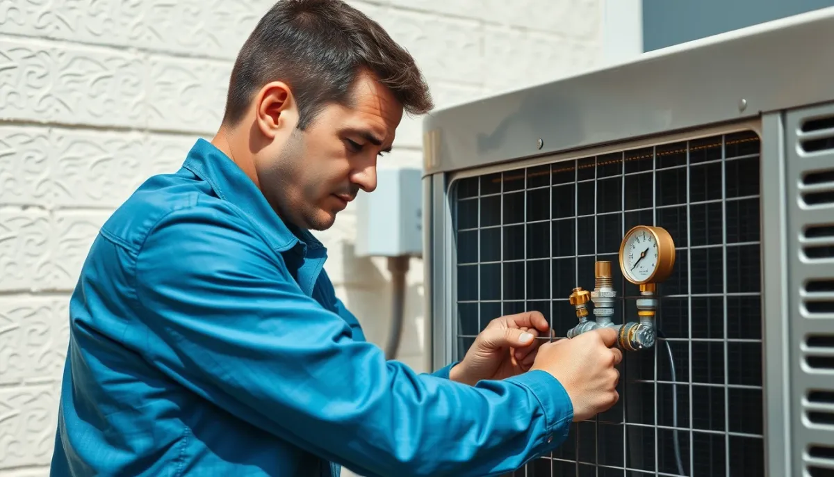 Technicien certifié effectuant l'entretien d'une unité extérieure de climatisation