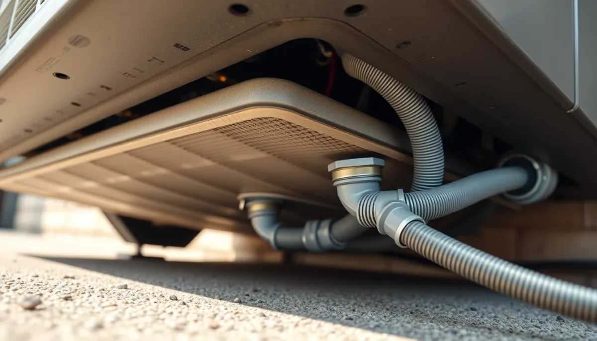 Plots antivibratiles et liaisons flexibles sous une pompe à chaleur air/eau