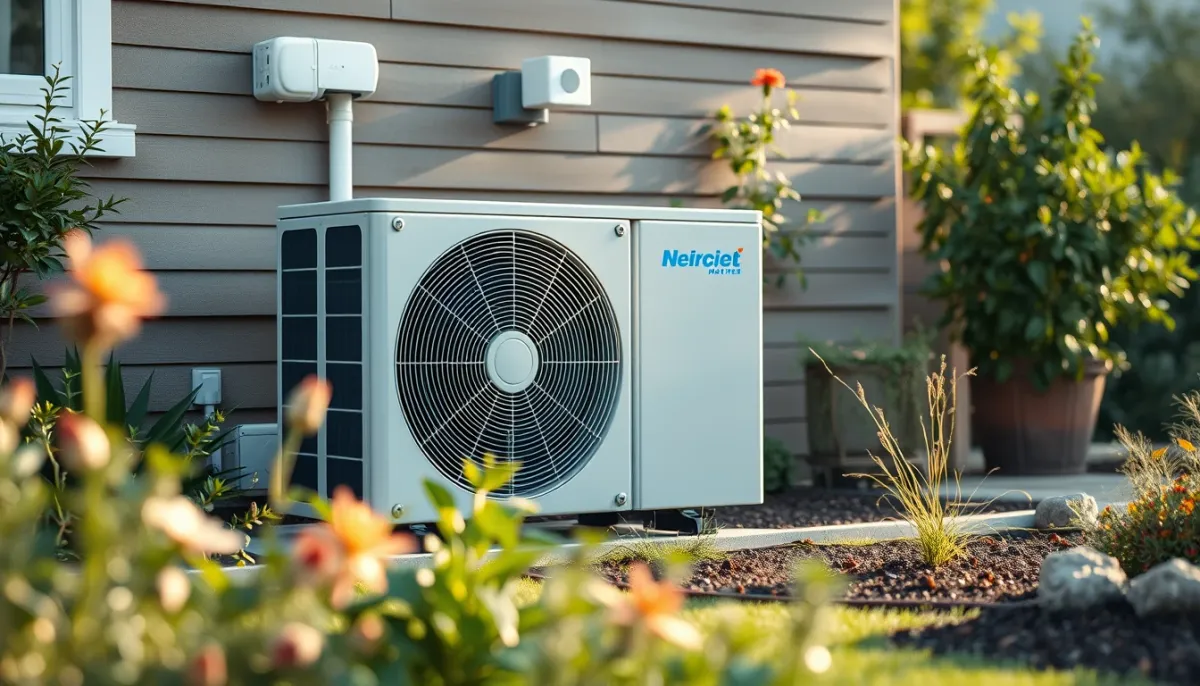 Pompe à chaleur air/eau silencieuse intégrée dans un jardin résidentiel